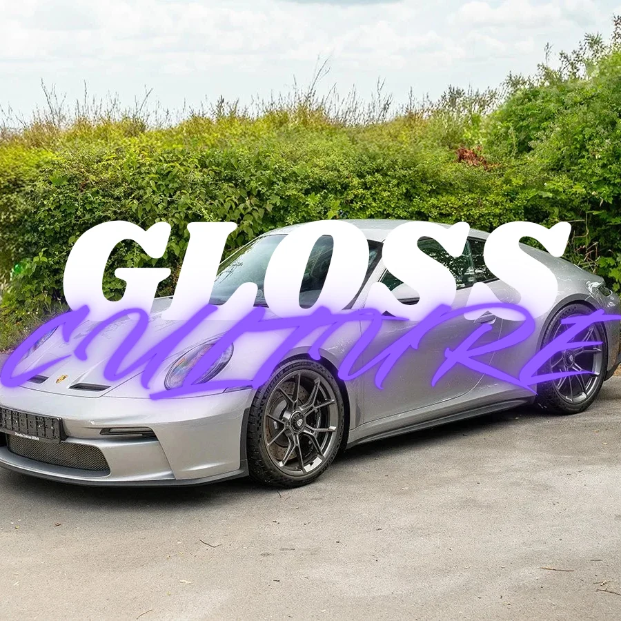 Gloss Culture purple and white branded graphic featuring a silver sports car